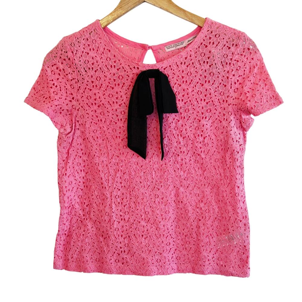 Size S – Juicy Couture Bubblegum Pink Lace Pusie Bow Top – Y2K